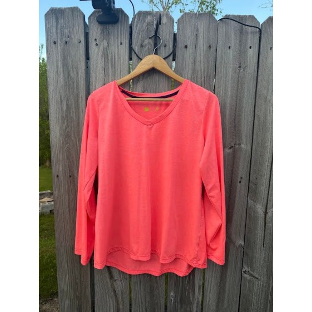 Xersion Womens XL Neon Coral Heathered Long Sleeve V-Neck Activewear Top Hem